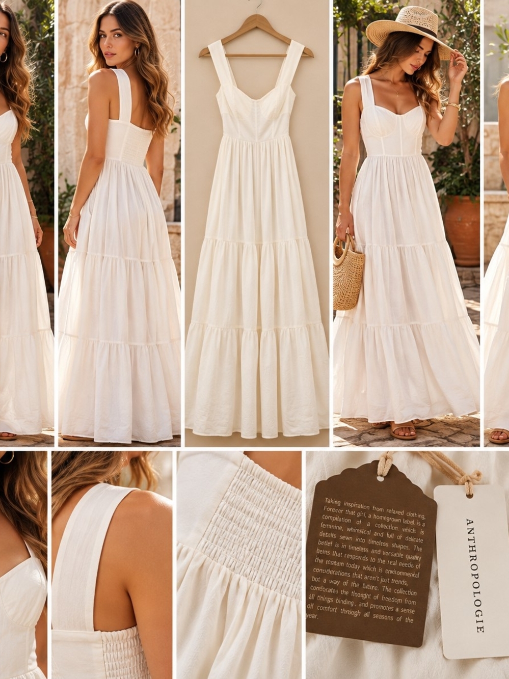 Anthropologie Cream Cotton Tiered Maxi Dress W Pockets